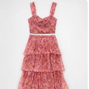 AE Floral Organza Maxi Skirt Set in Pink - Size Large